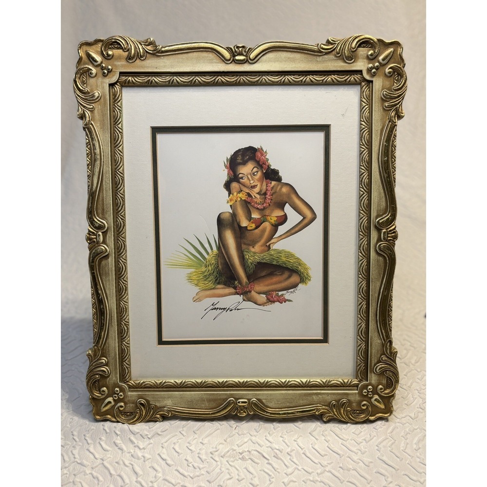 Vintage Gary Palm Hawaiian Pin-Up Girl Hula Signed Print - Framed & Matted